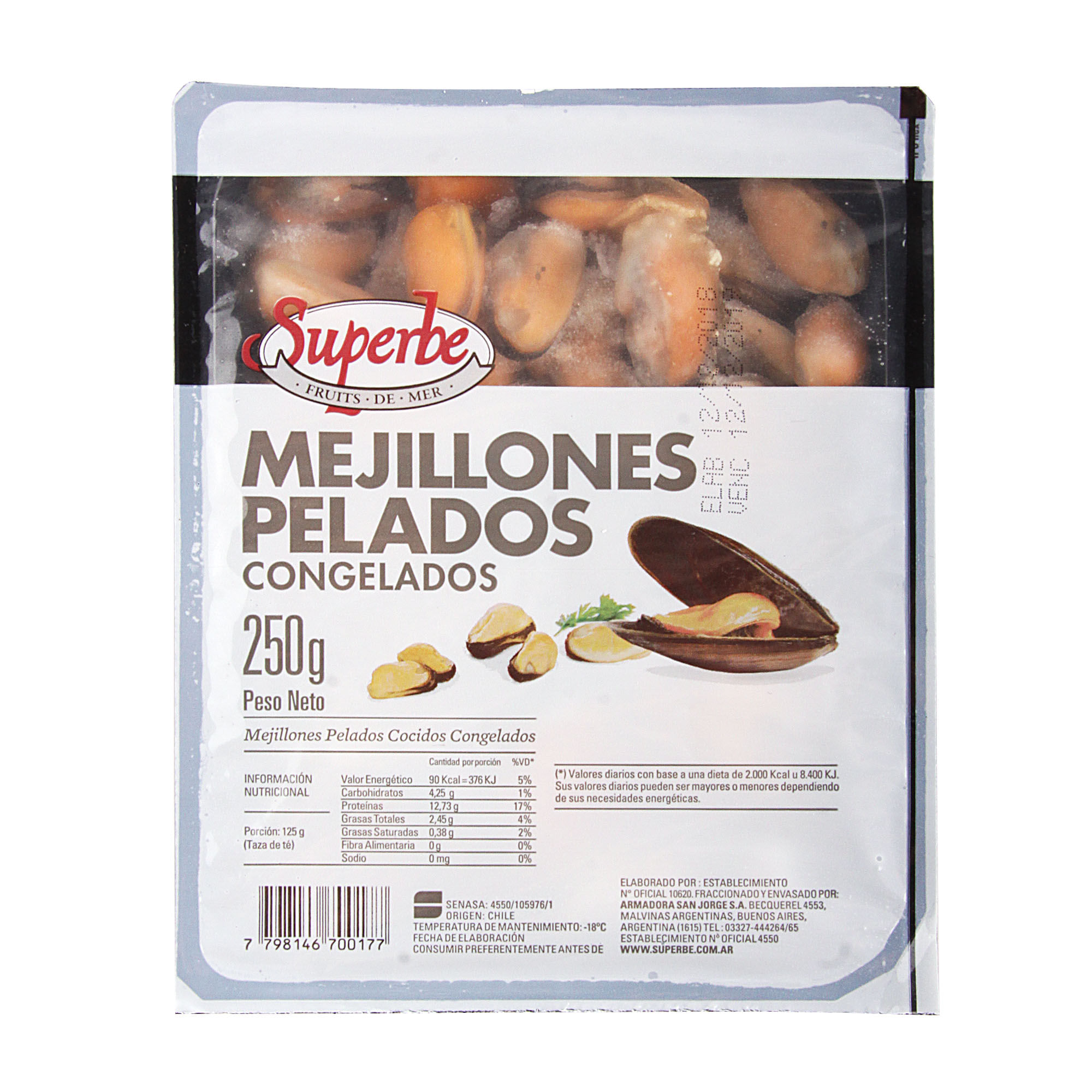 Mejillones Pelados Cocidos Congelados Superbe 250 g